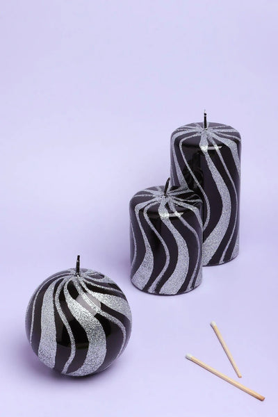 Mirror Glass Pillar and Ball Candles in Black and Silver Glitter