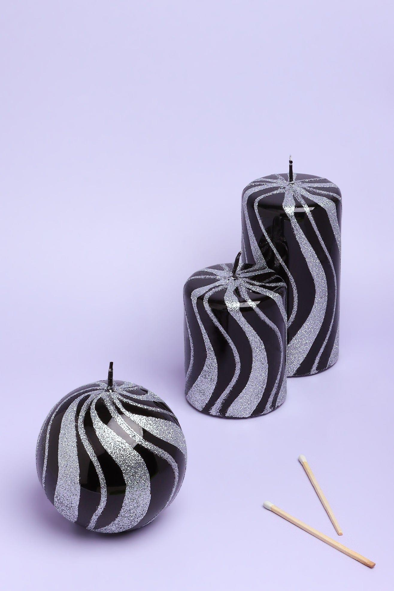 Mirror Glass Effect Limited Edition Hand-Finished Black & Silver Glitter Pillar & Ball Candles - G Decor