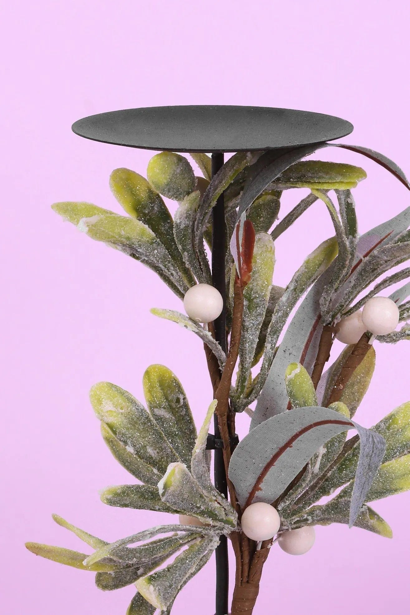 Mistletoe Tall Pillar Candle Holder with Frosted Leaves and Berries — close-up view, G Decor