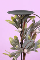 Mistletoe Tall Pillar Candle Holder with Frosted Leaves and Berries — close-up view, G Decor