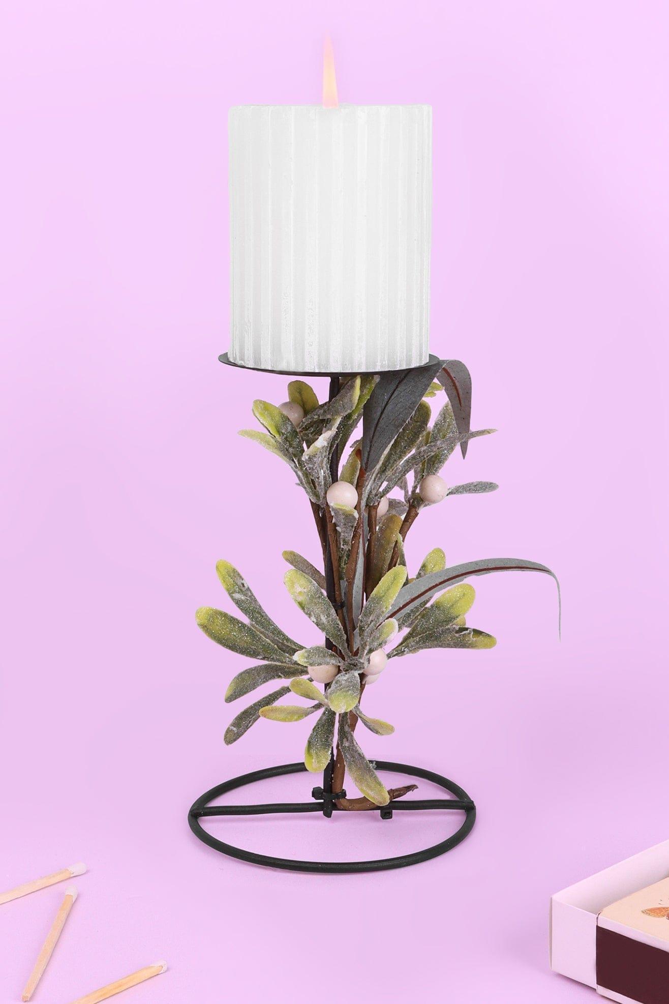 Mistletoe Pillar Candle Holder Tall Festive Centrepiece with Frosted Leaves & Berries - G Decor