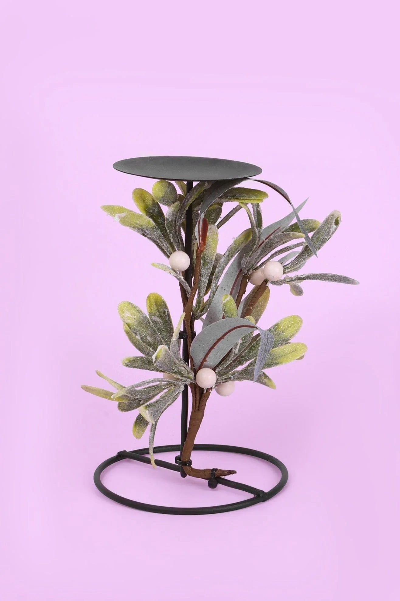 Mistletoe Tall Pillar Candle Holder with Frosted Leaves and Berries — alternate view, G Decor