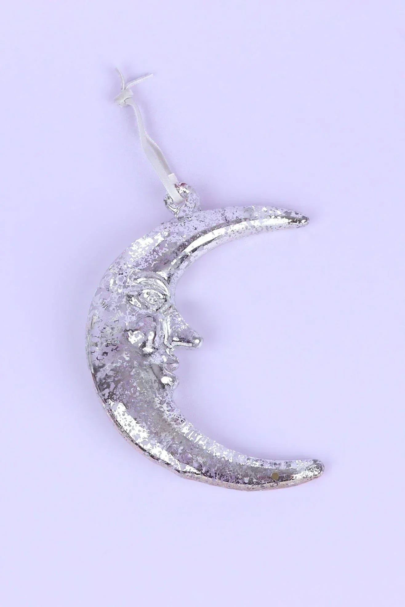 Large Silver Crescent Moon Glass Christmas Ornament — close-up view, G Decor