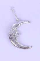 Large Silver Crescent Moon Glass Christmas Ornament — close-up view, G Decor