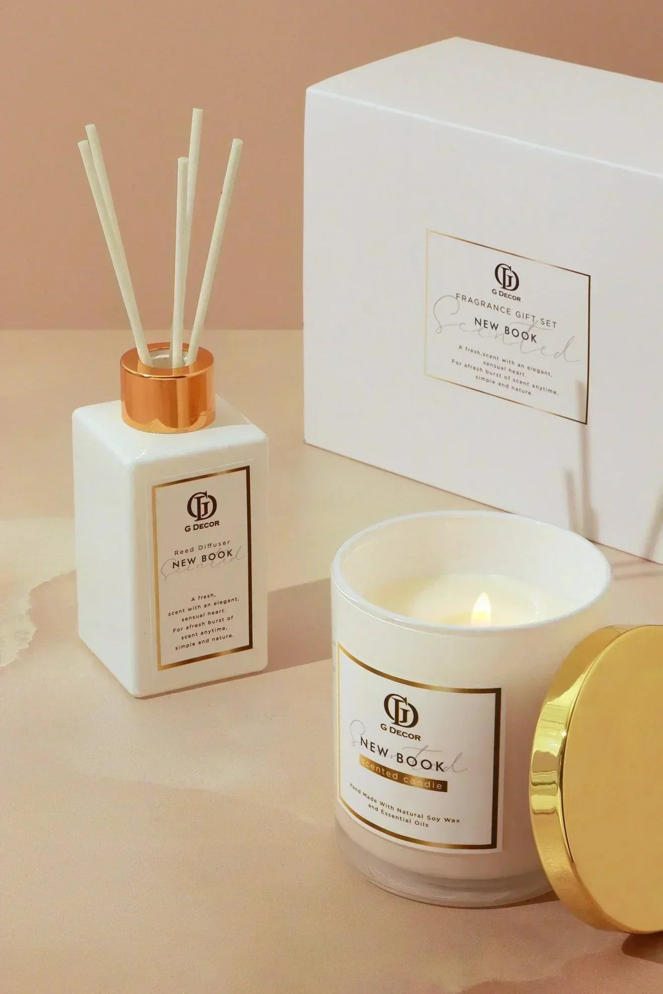 New Book Soy Wax Candle & Reed Diffuser Gift Set — White & Gold
