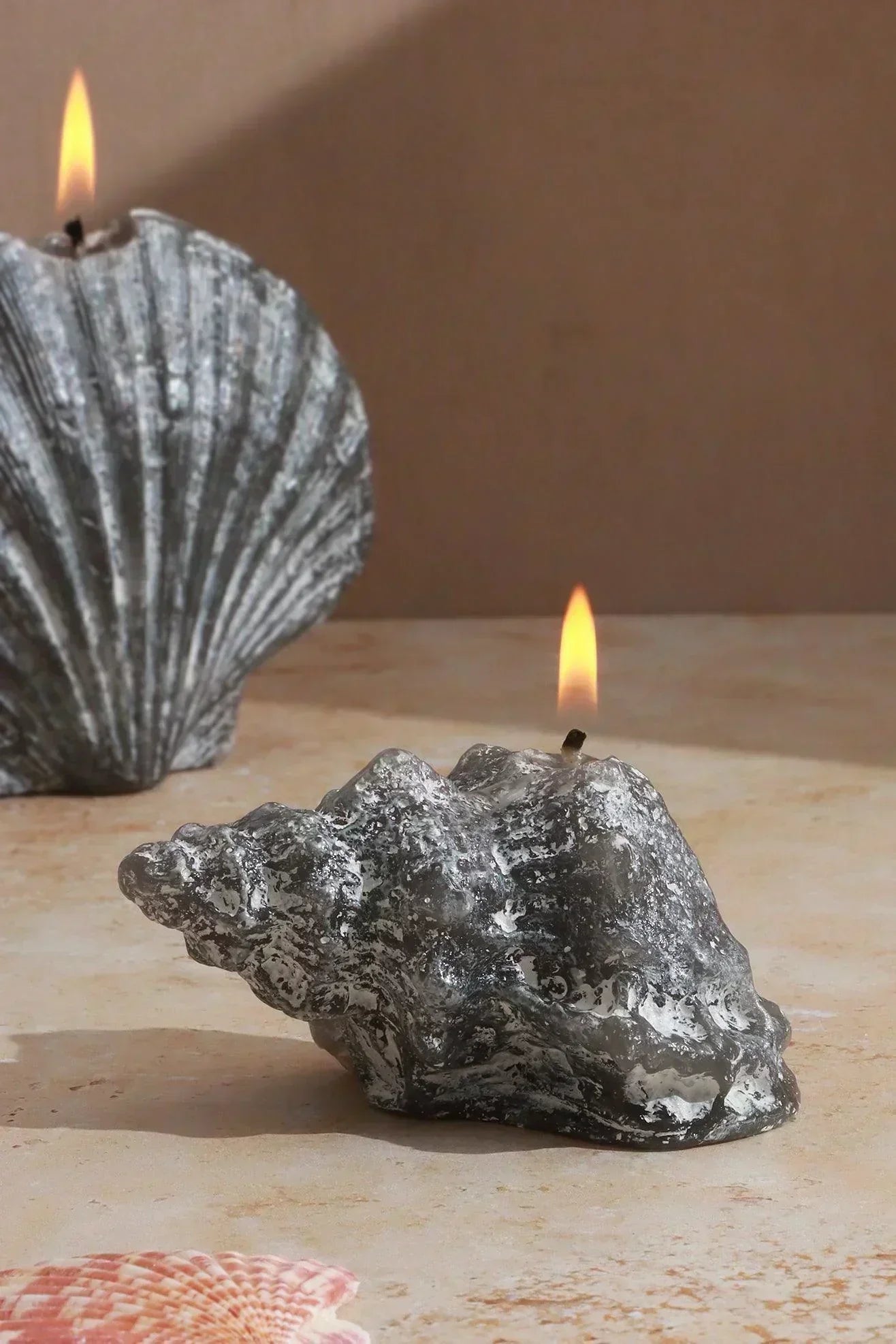 Ocean Tides Coastal Shell Scented Candle in Grey — close-up view, G Decor