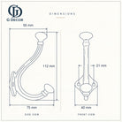 Size drawing of the oval knob hook: 112 mm (4.41 in) tall, sticks out 75 mm (2.95 in), back plate 40 mm (1.57 in) wide, screw holes 21 mm (0.83 in) apart