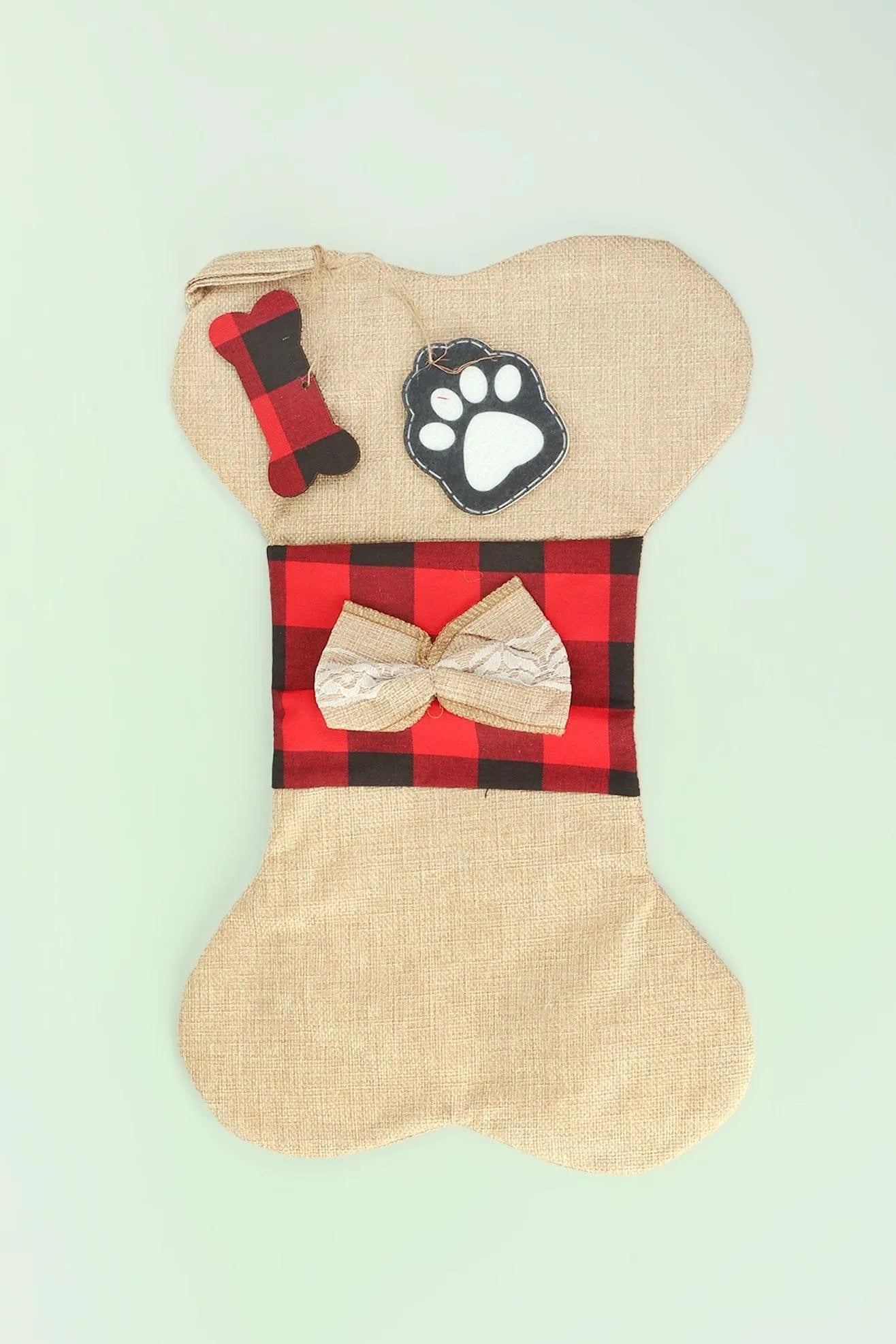 Pawfect Surprise Cream Jute and Red Check Dog Bone Treat Stocking — alternate view, G Decor