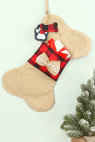 Pawfect Surprise Cream Jute and Red Check Dog Bone Treat Stocking — G Decor