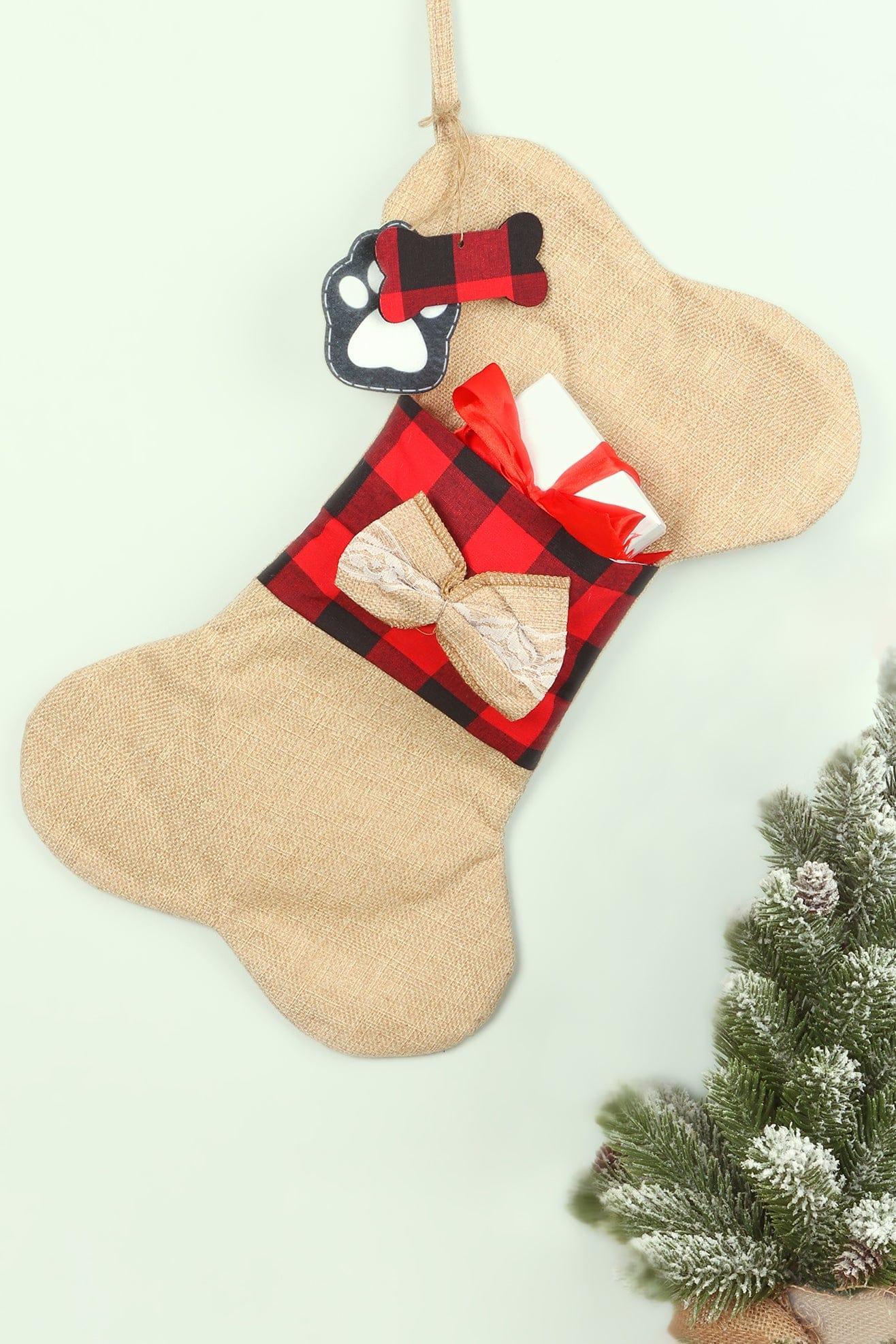 Pawfect Surprise Treat Stocking Eco-Friendly Natural Cream Jute & Red Check Playful Bone Gift Bag for Dogs - G Decor