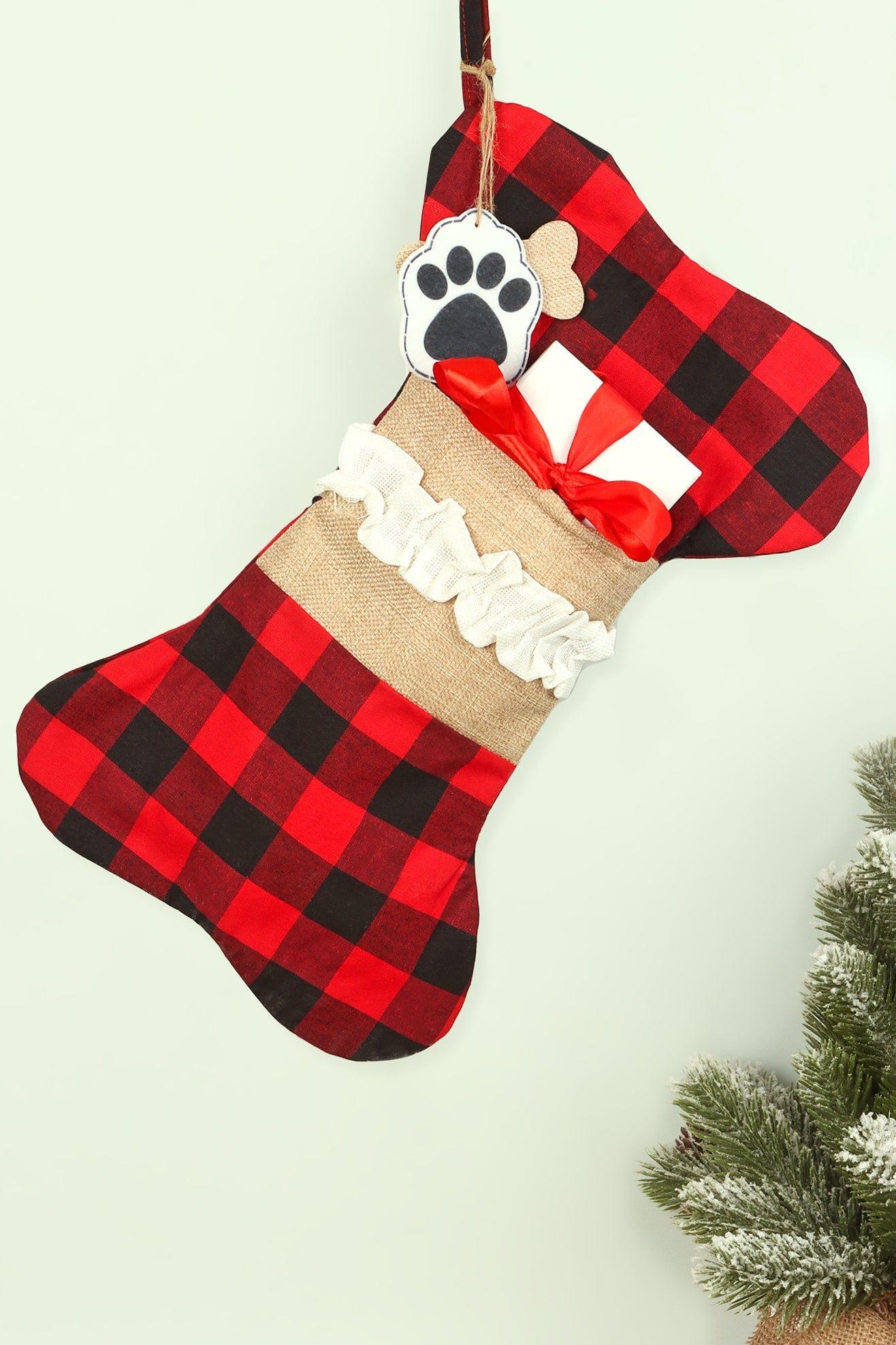 Pawfect Surprise Treat Stocking Eco-Friendly Red Check Cotton Bone Gift Bag for Dogs - G Decor