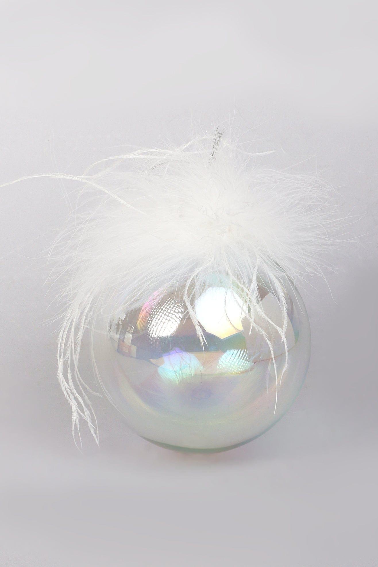 Pearlescent Glass Christmas Tree Ornaments with White Feather Detail Elegant Hanging Baubles - G Decor