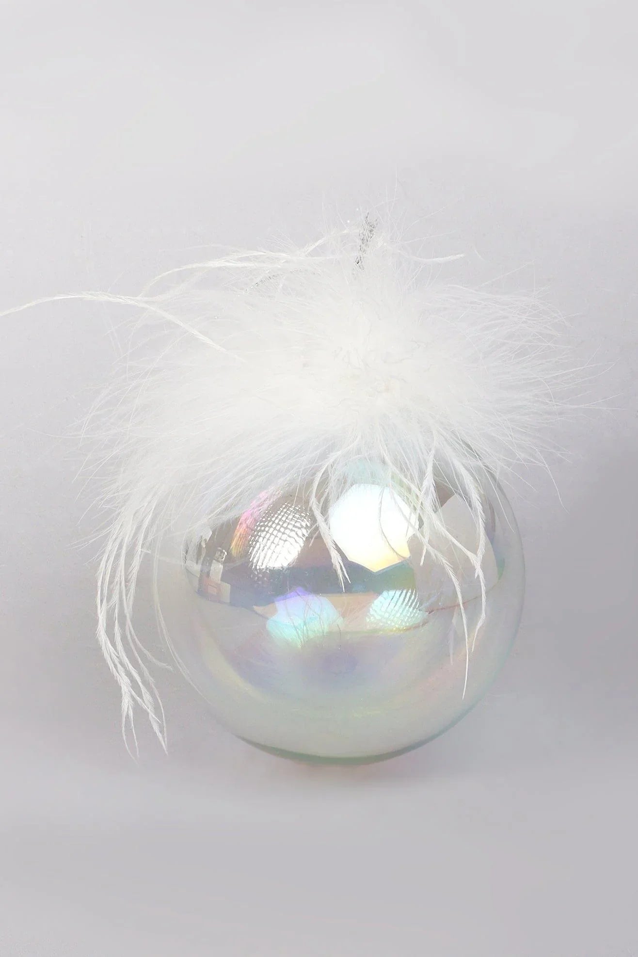 Pearlescent Glass Christmas Baubles with White Feather Detail — alternate view, G Decor