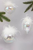 Pearlescent Glass Christmas Baubles with White Feather Detail — G Decor