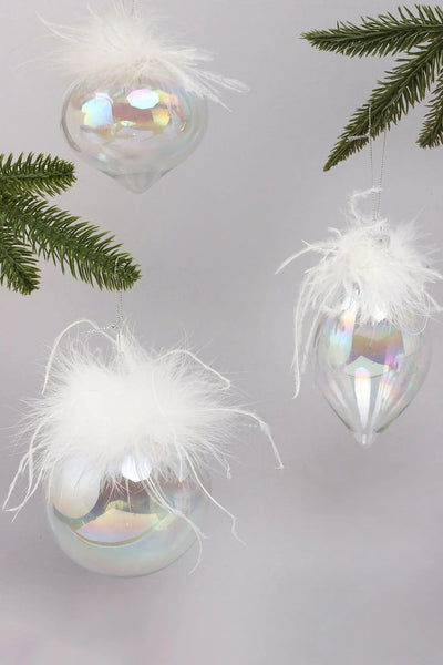 Pearlescent Glass Christmas Baubles with White Feather Detail