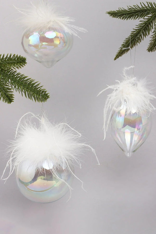 Pearlescent Glass Christmas Baubles with White Feather Detail
