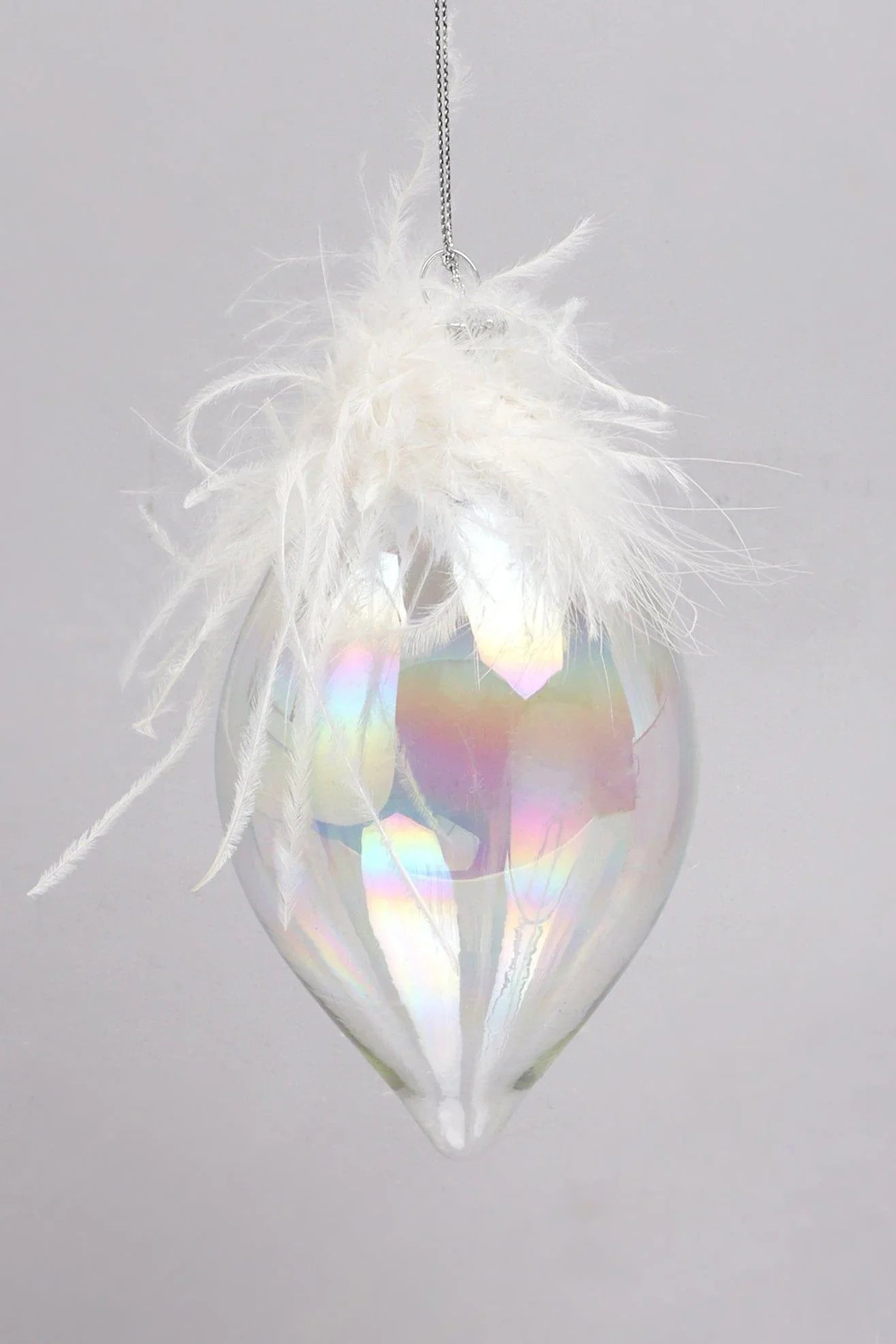 Pearlescent Glass Christmas Baubles with White Feather Detail — lifestyle view, G Decor