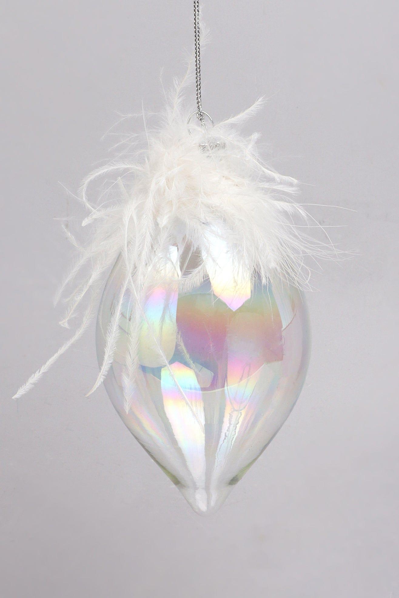 Pearlescent Glass Christmas Tree Ornaments with White Feather Detail Elegant Hanging Baubles - G Decor