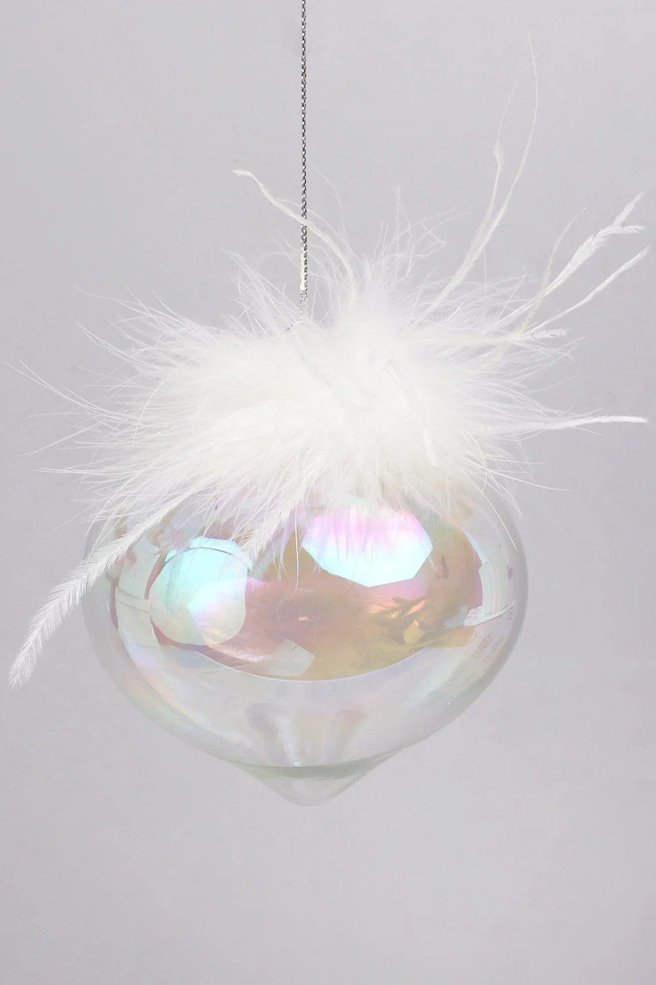 Pearlescent Glass Christmas Baubles with White Feather Detail — close-up view, G Decor