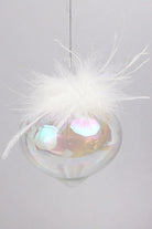 Pearlescent Glass Christmas Baubles with White Feather Detail — close-up view, G Decor