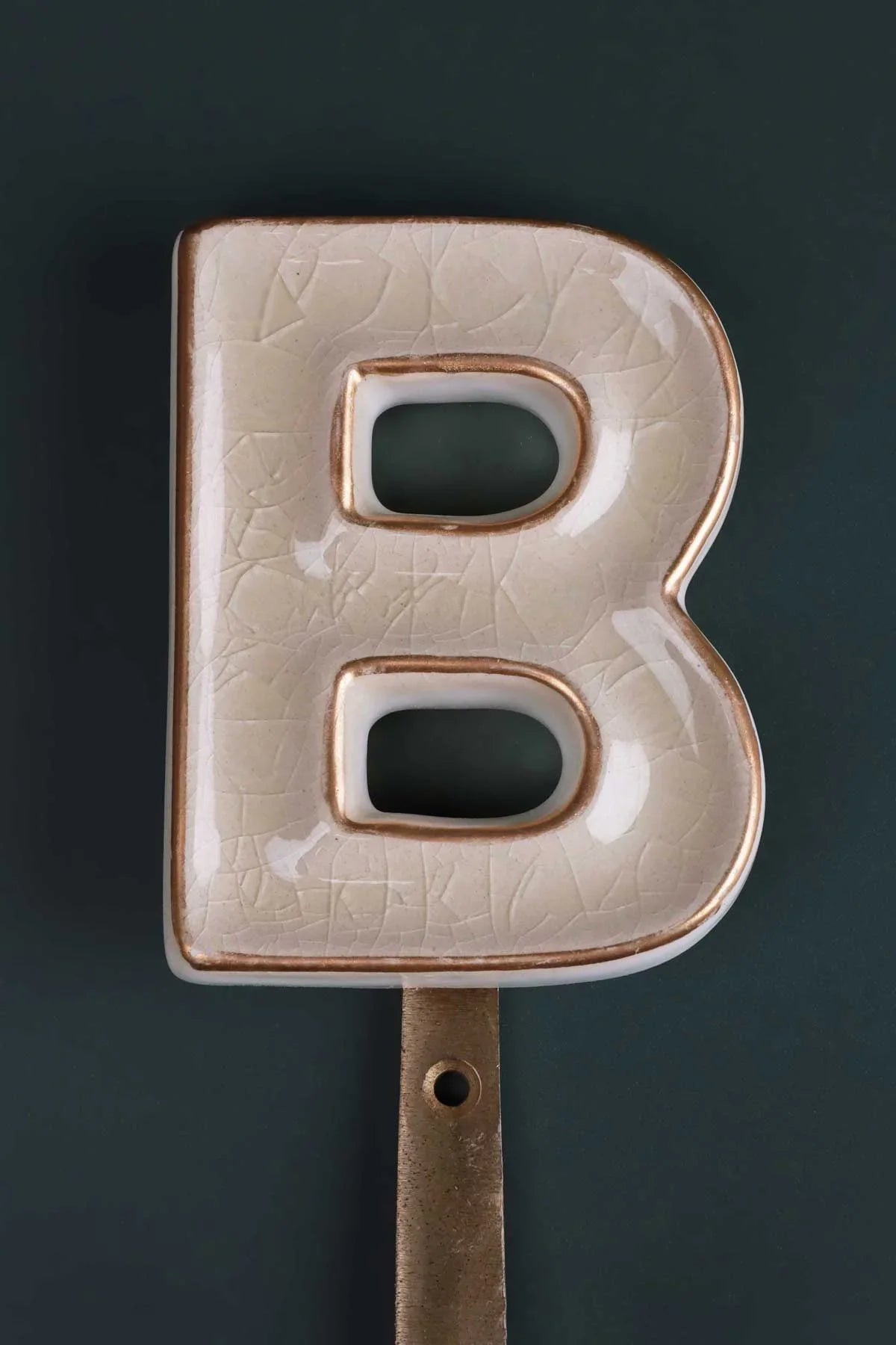 Personalised Handcrafted Monogram Alphabet Cream Crackle Glazed Hooks Hand-Painted Ceramic & Antique Finish Brass Letter Wall Coat Hooks - G Decor
