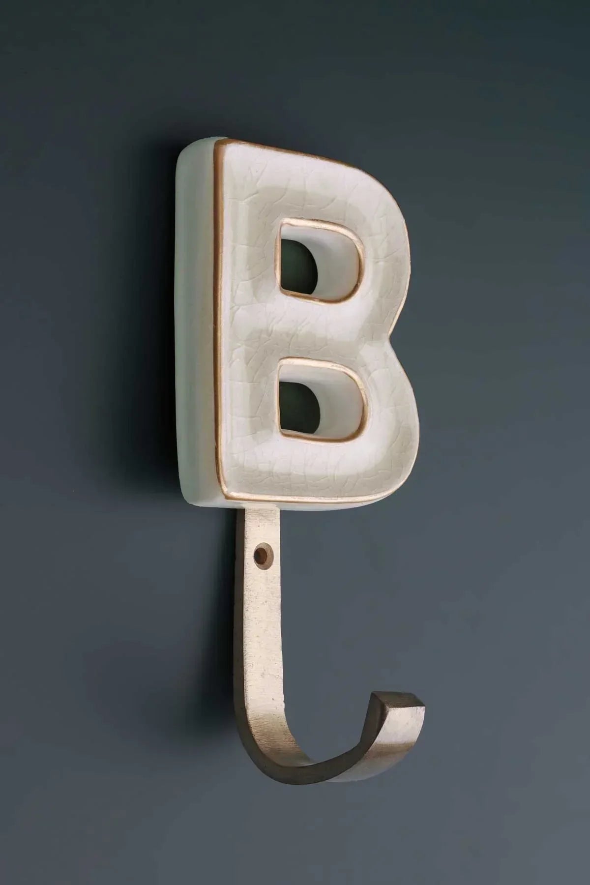 Personalised Cream Crackle Monogram Coat Hook in Antique Brass Finish — close-up view, G Decor