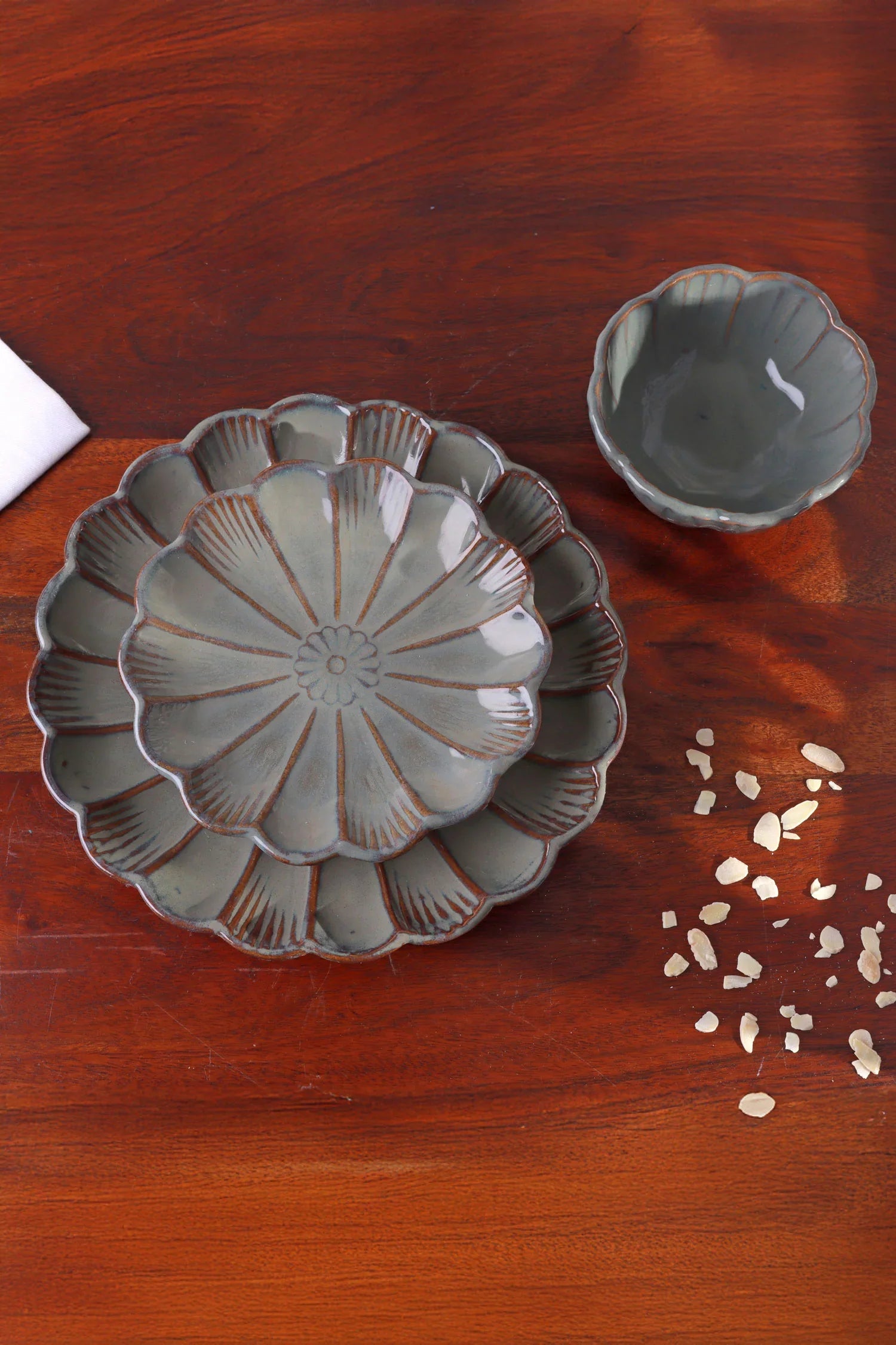 Petal Bloom Handcrafted Stoneware Tableware Collection Floral Carved Plates & Bowls - G Decor