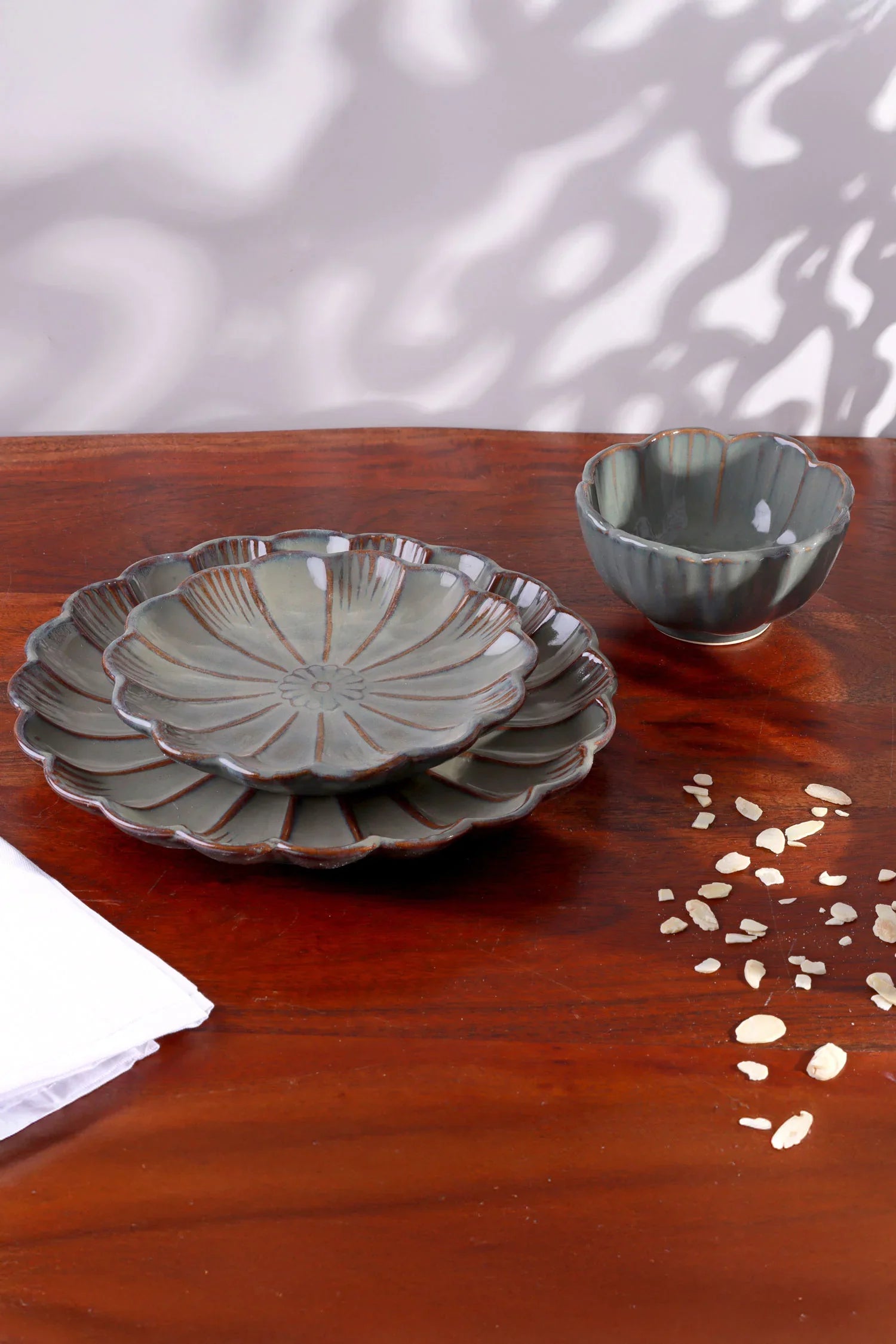 Petal Bloom Handcrafted Stoneware Tableware Collection Floral Carved Plates & Bowls - G Decor
