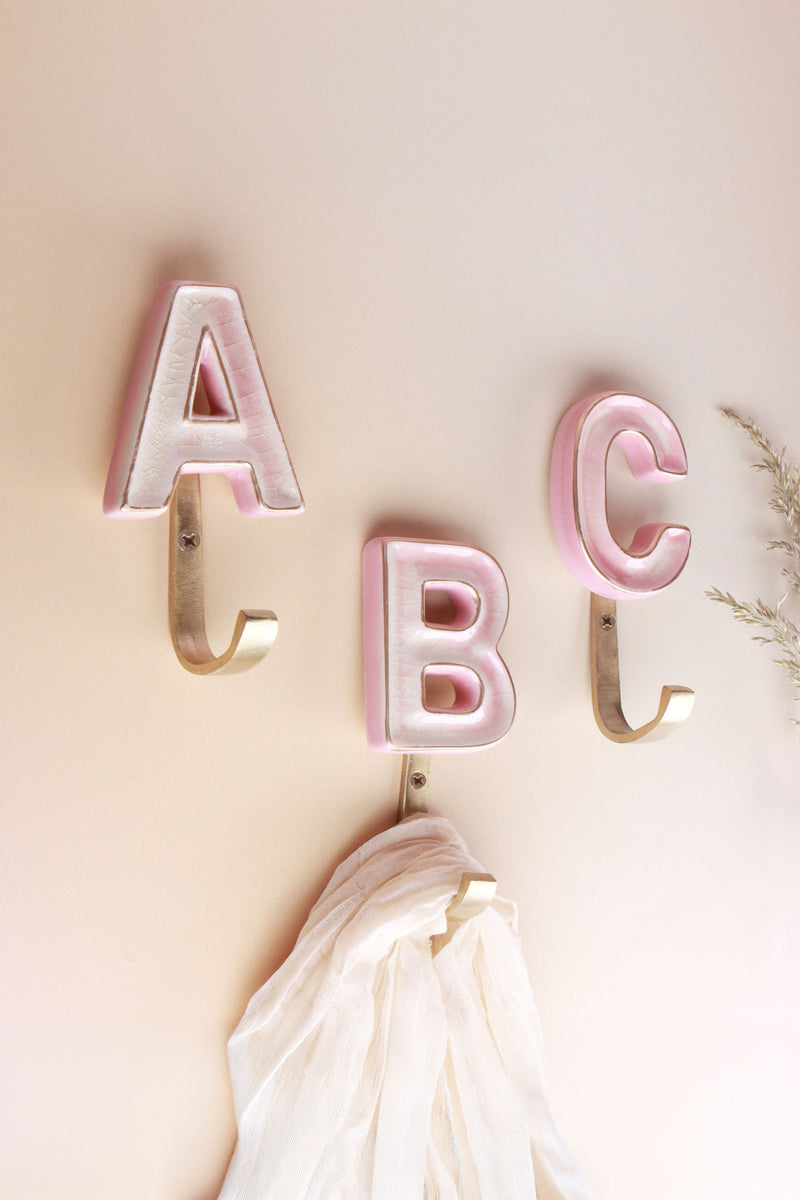 Pink Ceramic Letter Hook, Initial Wall Hook A to Z or &, Gold Rim Alphabet Coat Hook