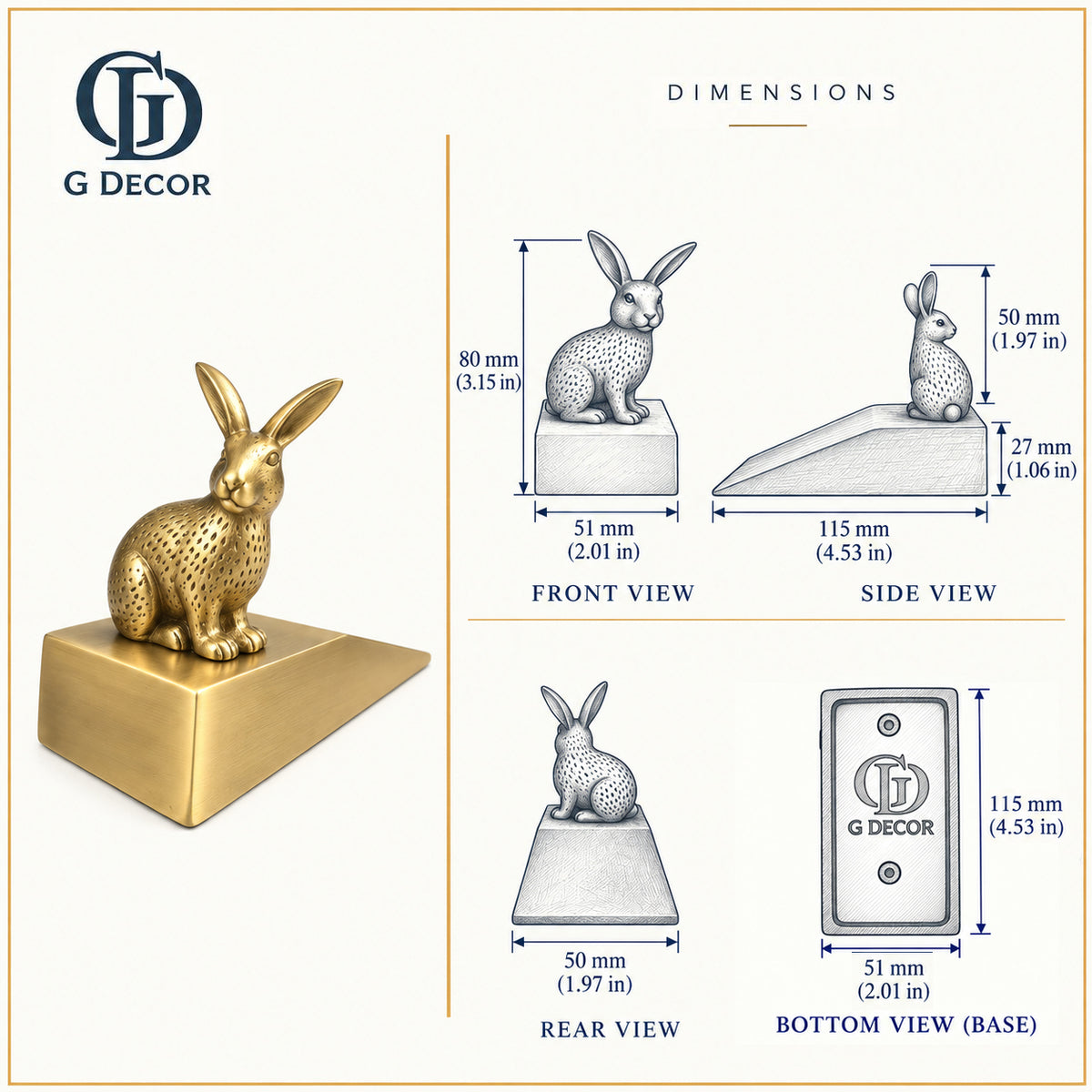 Size drawing of the rabbit door stopper: 80 mm high, 115 mm long, 51 mm wide