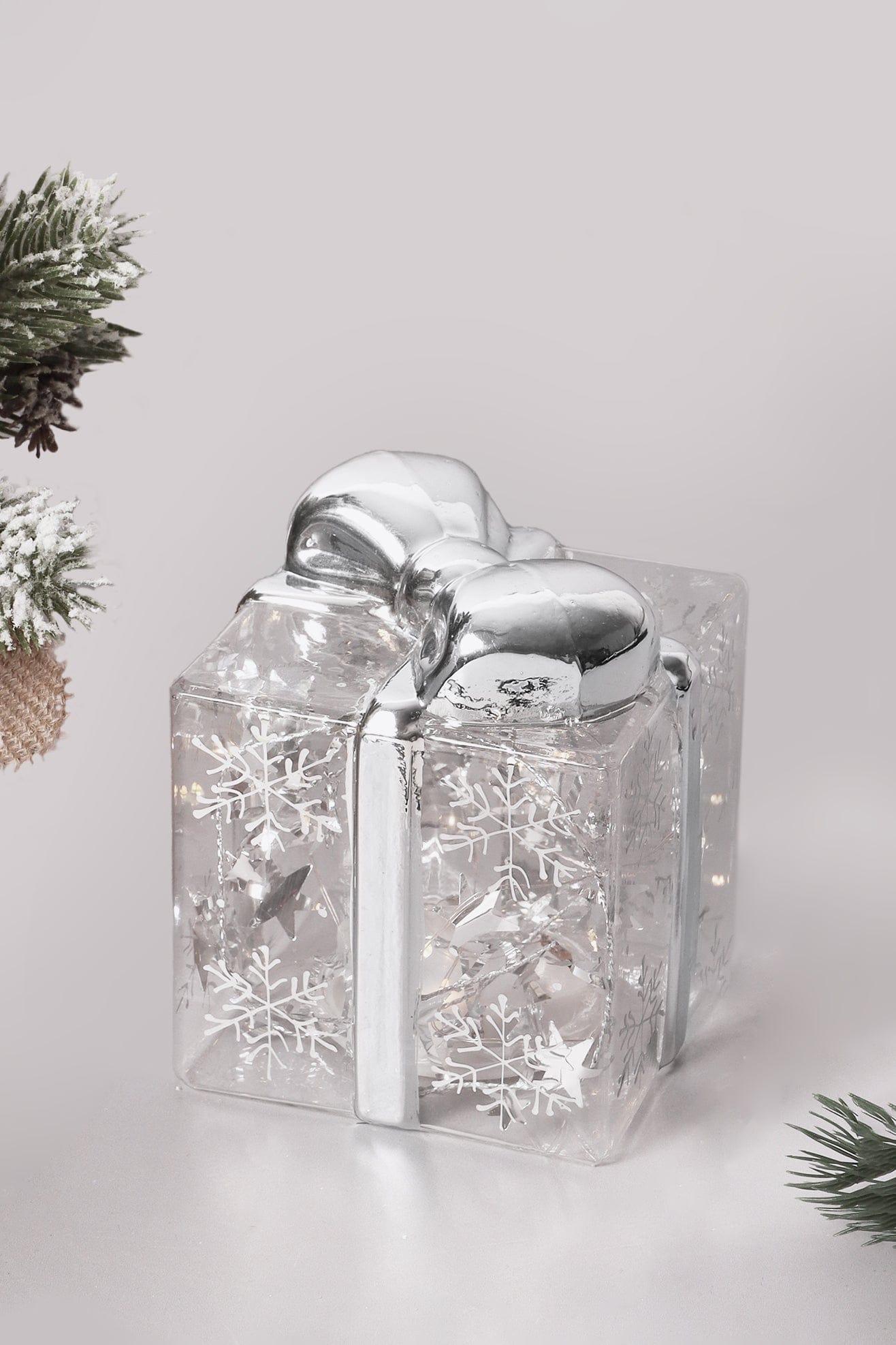 G Decor Christmas Decorations Silver Radiant Clear Christmas Present Ornament with LED Lights