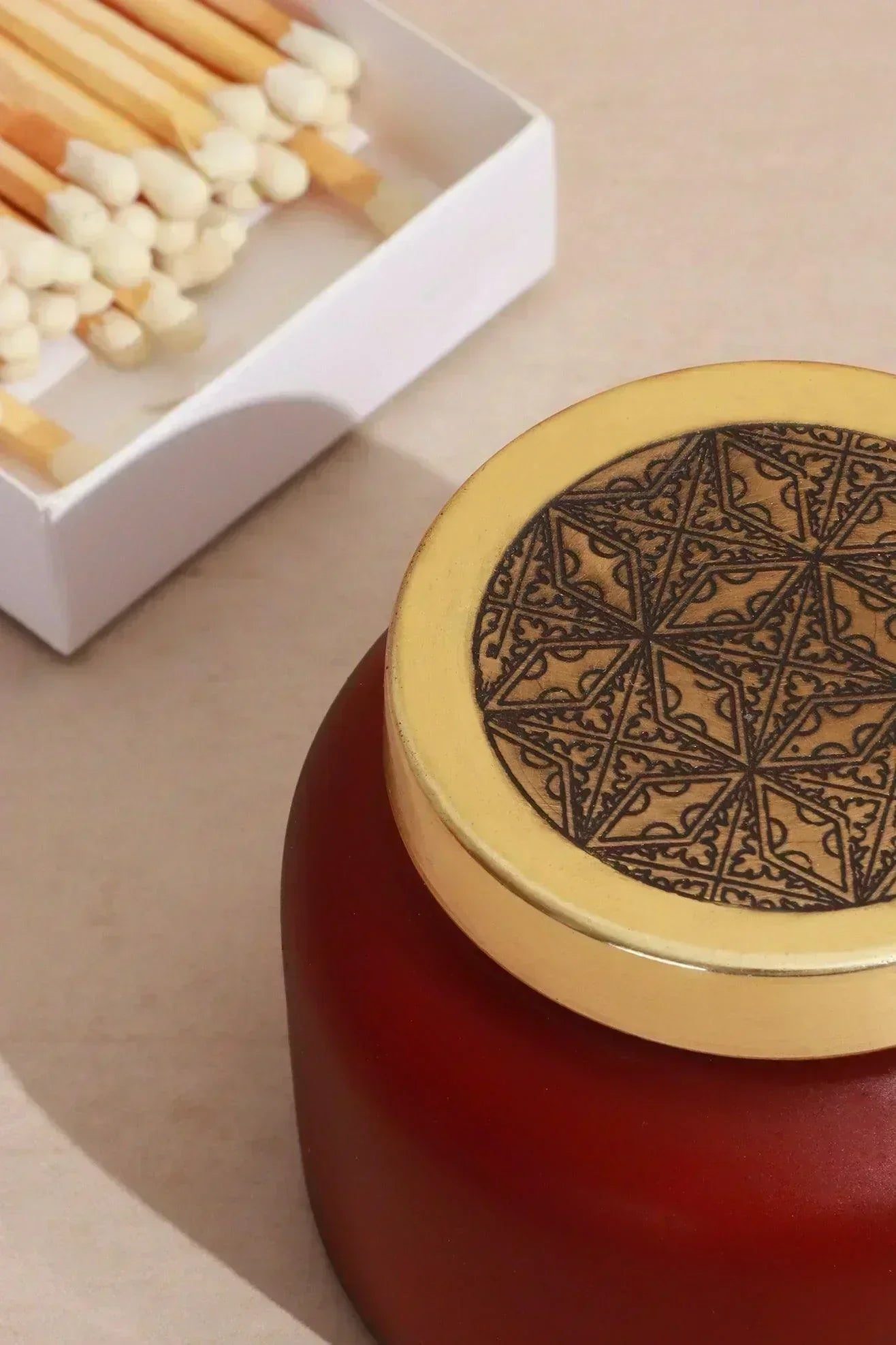 Rasa Ember Sandalwood Scented Candle in Frosted Red Glass — alternate view, G Decor