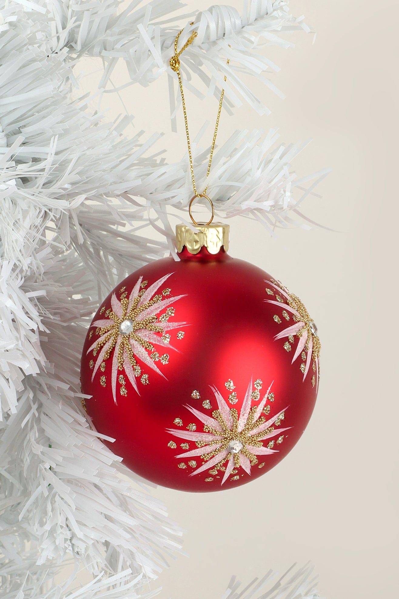 G Decor Red Red Glass Christmas Tree Bauble with White and Gold Stars