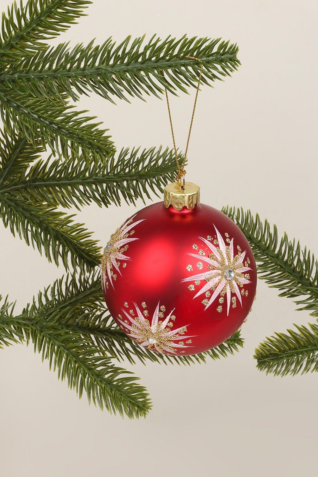 G Decor Red Red Glass Christmas Tree Bauble with White and Gold Stars