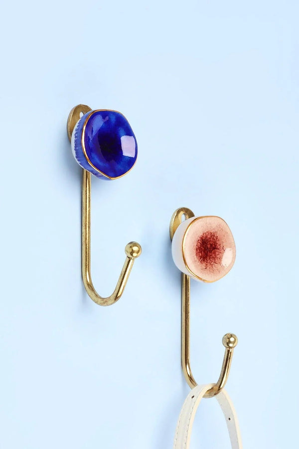 Rhodes Family Ceramic Wall Hook in Crackle Glaze with Brass — Multipack