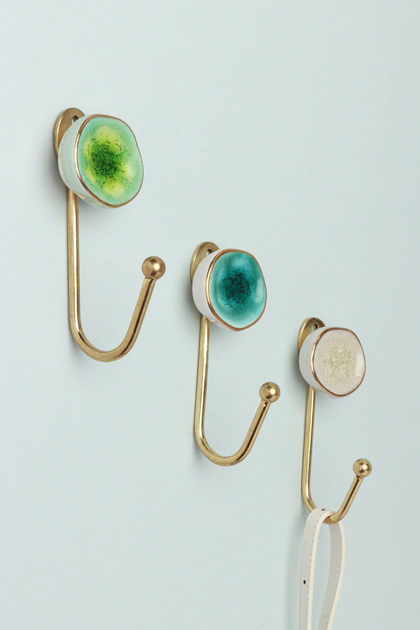 Rhodes Ceramic Wall Hook in Crackle Glaze with Brass — Multipack