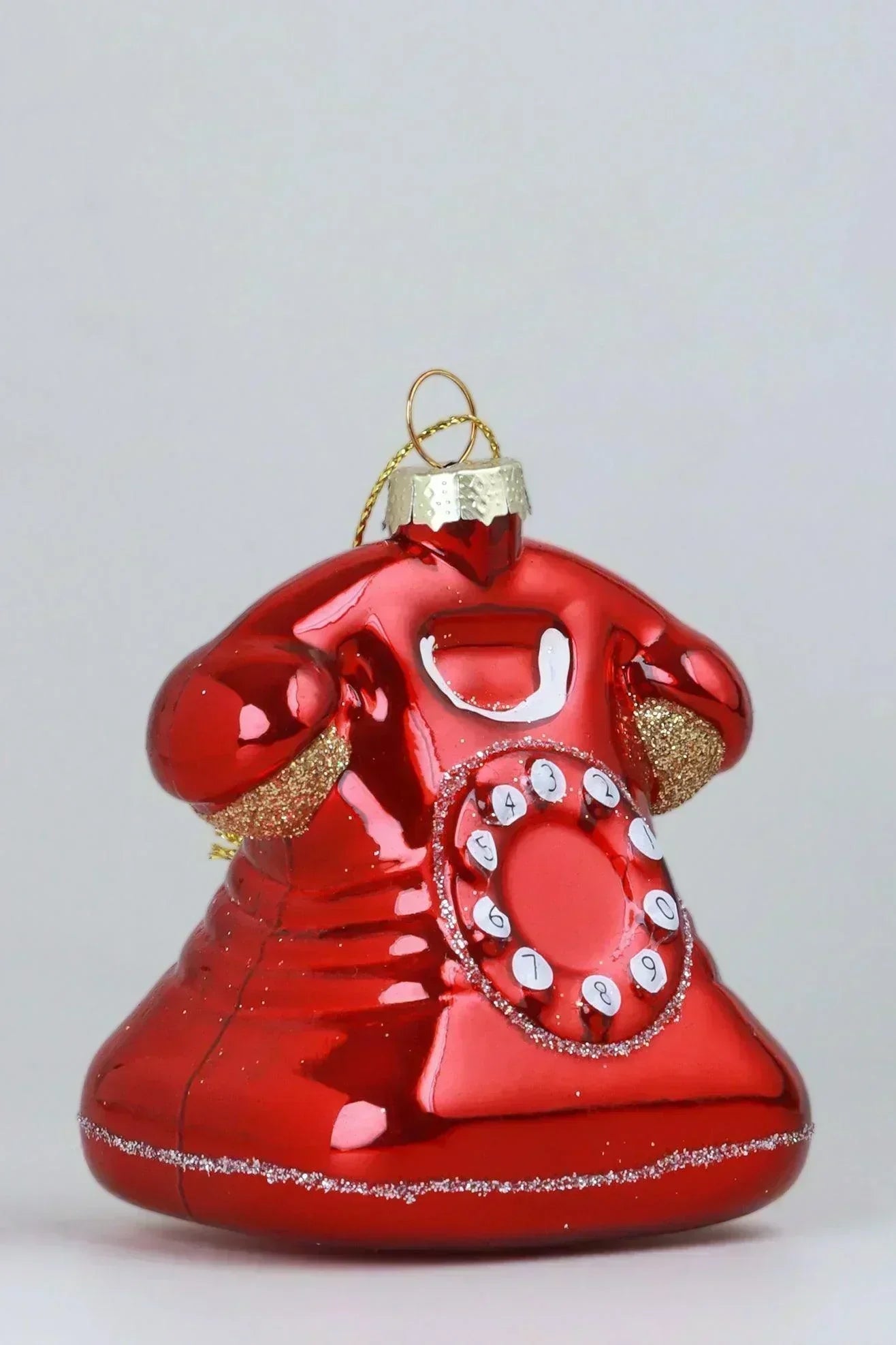 Hand-Painted Red Telephone Glass Christmas Bauble — close-up view, G Decor