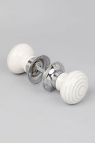 Ringbourne Handcrafted & Hand-Painted White Ceramic Mortice Door Handles with Grey Stripe Rings – Internal Turning Knobs for Bedroom, Kitchen & Interior Doors with Chrome Base - G Decor