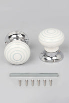Ringbourne White Ceramic Mortice Door Knobs with Grey Stripe Rings — close-up view, G Decor