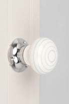 Ringbourne Handcrafted & Hand-Painted White Ceramic Mortice Door Handles with Grey Stripe Rings – Internal Turning Knobs for Bedroom, Kitchen & Interior Doors with Chrome Base - G Decor