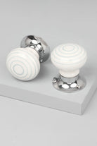 Ringbourne Handcrafted & Hand-Painted White Ceramic Mortice Door Handles with Grey Stripe Rings – Internal Turning Knobs for Bedroom, Kitchen & Interior Doors with Chrome Base - G Decor