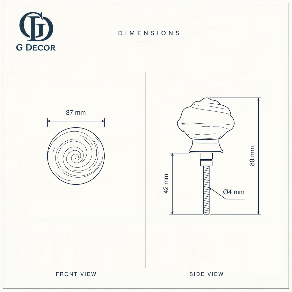 Size drawing of the small rose glass cabinet knob: 37 mm across, 80 mm long overall with its 42 mm bolt, bolt 4 mm in diameter