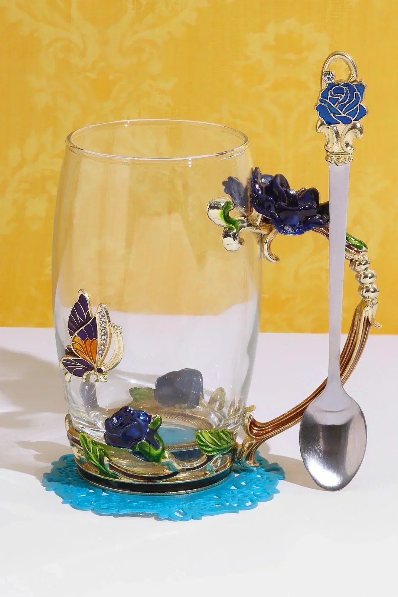 Royal Blue Handcrafted Rose Gift Set Glass Mug with Spoon &amp; Coaster in Elegant Gift Box - G Decor