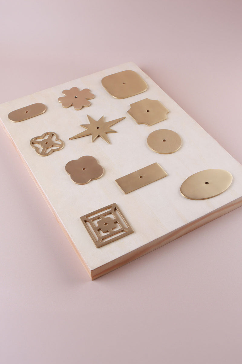 Satin Brass Cabinet Knob Backplates, 11 Shapes