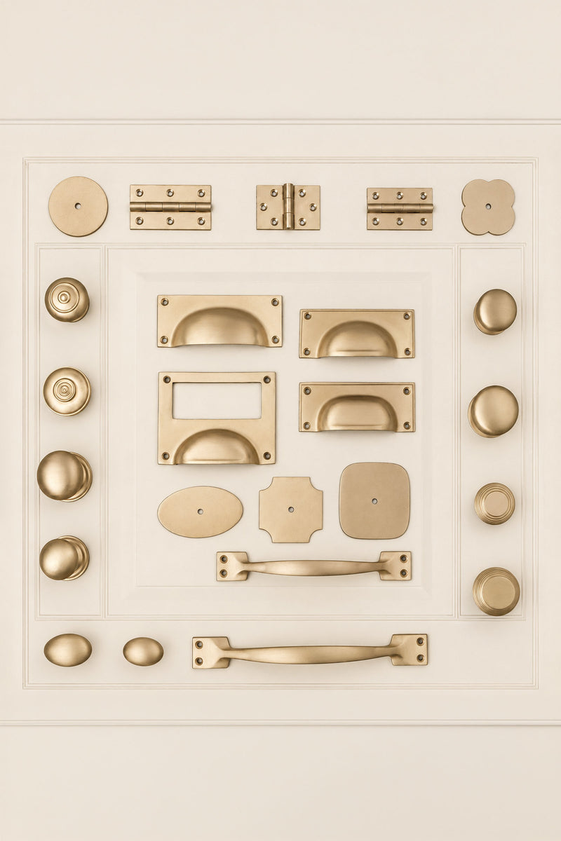 Satin Brass Cabinet Hardware Set, Solid Brass Knobs, Cup Pulls, Pull Handles, Hinges and Rosettes (Build Your Own)