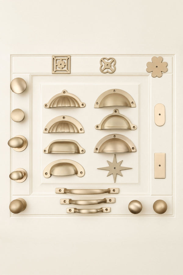 Satin Brass Cabinet Knobs, Cup Pulls, D Handles and Backplates, Solid Brass Kitchen Cupboard Hardware (Build Your Own Set)