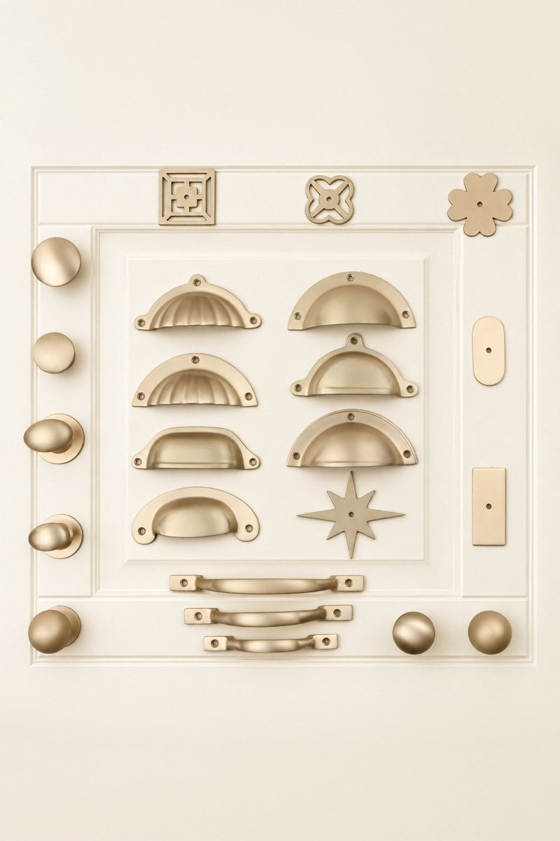 Satin Brass Cabinet Knobs, Cup Pulls, D Handles and Backplates, Solid Brass Kitchen Cupboard Hardware (Build Your Own Set)