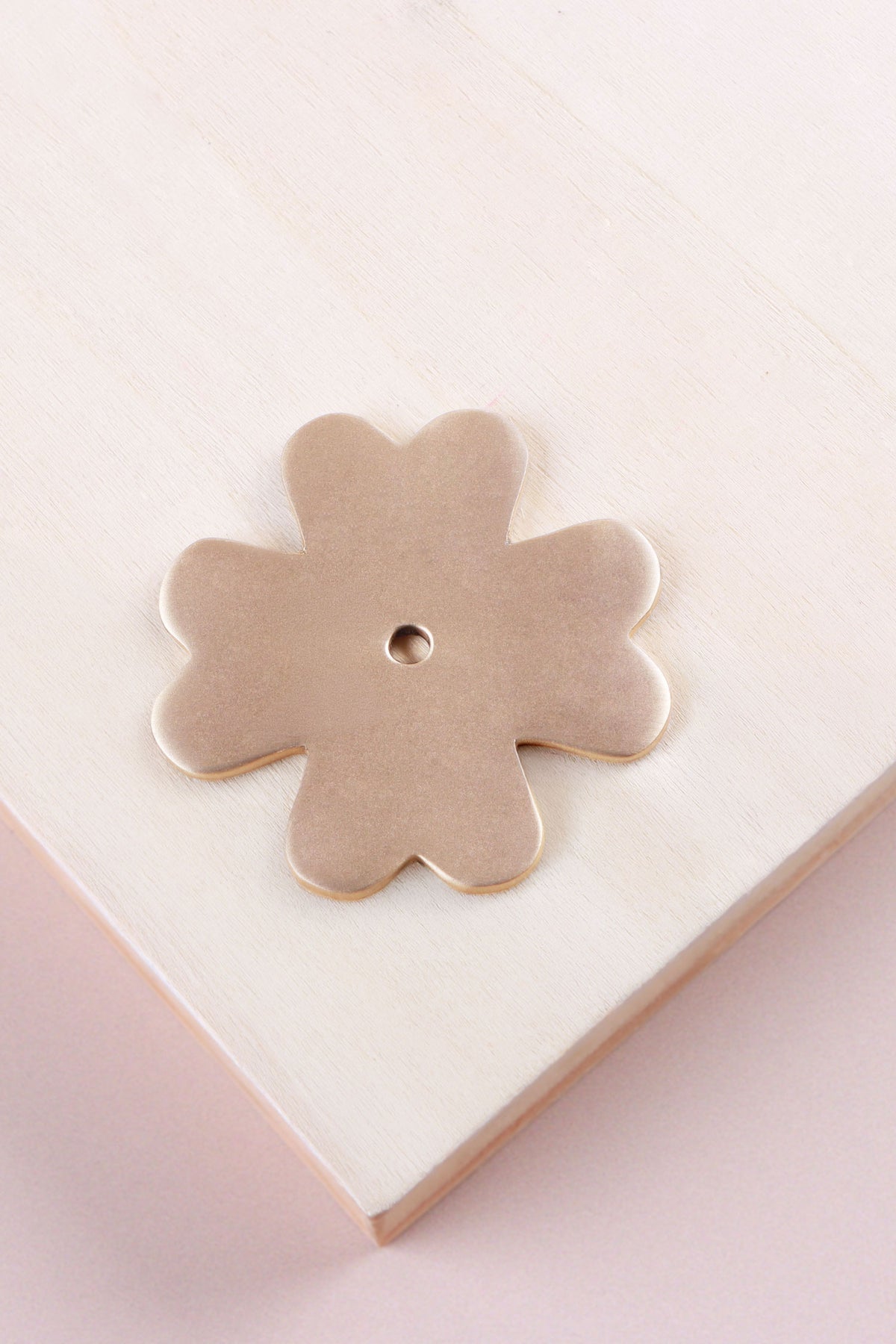 Satin brass flower backplate, 51 x 51mm: solid brass with a 4mm centre hole for the knob bolt