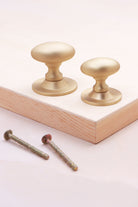 Oval cabinet knob on rose in satin brass