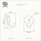 Size drawing of the scallop shell ceramic hook: 64 mm tall, 50 mm wide, 43 mm out from the wall, screw hole 7 mm across